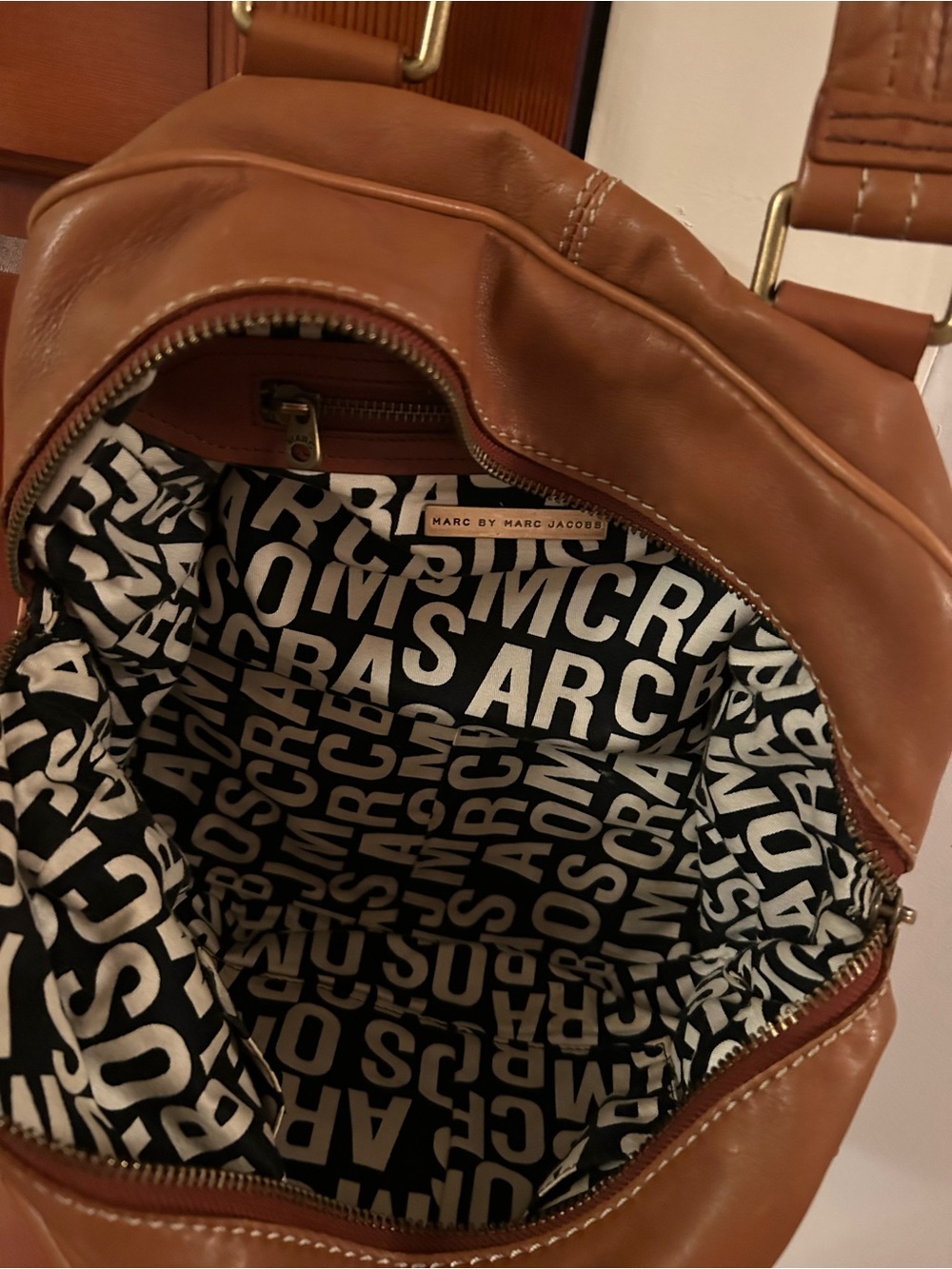 Marc Jacobs Cognac Leather Shoulder Satchel with Brass Hardware - Picture 5 of 6